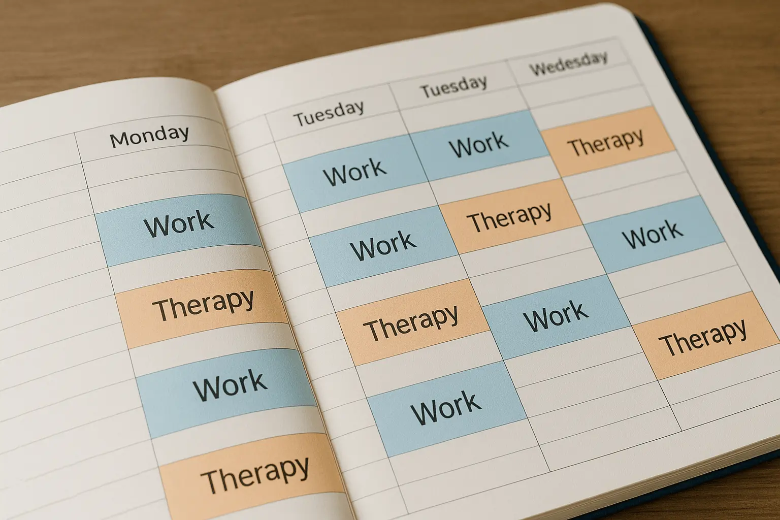 Structured recovery-and-work schedule chart balancing healing and job responsibilities