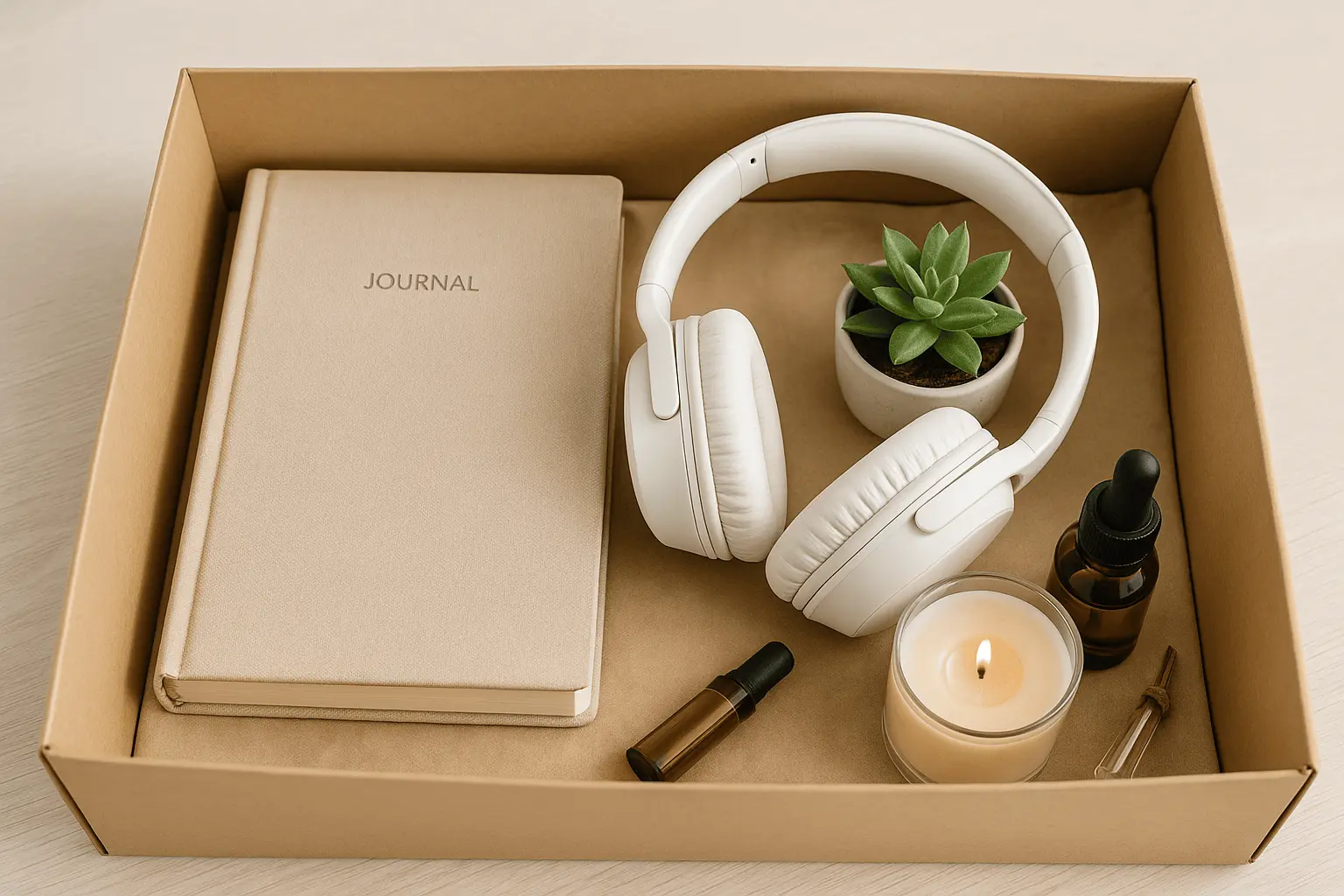 Mental health toolkit with journal, headphones, plant, candle, and essential oils.